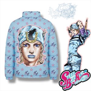 May include: A light blue puffer jacket with a character illustration and a pattern of pink stars and symbols. The jacket has a high collar and a large character portrait on the front. A matching character illustration is on the right, with the words "STEEL BALL RUN" in a pink logo.