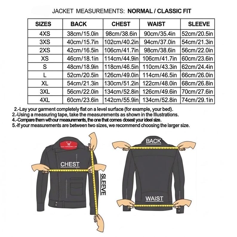 Puede incluir: Una tabla de tallas para chaqueta con medidas en cent&iacute;metros y pulgadas para las tallas 4XS a 4XL. El gr&aacute;fico incluye ilustraciones de una chaqueta siendo medida con una cinta m&eacute;trica amarilla en el pecho, manga, espalda y cintura.