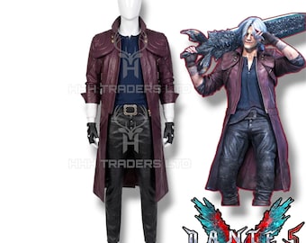 Pełny zestaw kostiumów cosplay Dante – Devil May Cry 5, bordowy płaszcz przeciwdeszczowy