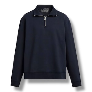 May include: Navy blue sweatshirt with a quarter-zip fastening and a collared neckline. The long-sleeved top has a ribbed hem and cuffs. A small graphic is visible on the upper back of the collar.