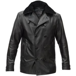 May include: Black leather pea coat with a black faux fur collar. The double-breasted jacket features six black buttons, two side pockets, and buttoned cuffs. The coat has a classic, tailored design.