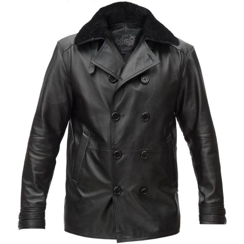 May include: Black leather pea coat with a black faux fur collar. The double-breasted jacket features six black buttons, two side pockets, and buttoned cuffs. The coat has a classic, tailored design.