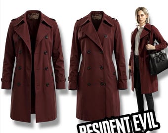 Płaszcz typu trenchcoat Alyssa Ashcroft – bordowa bawełniana kurtka dwurzędowa (inspirowana RE9)