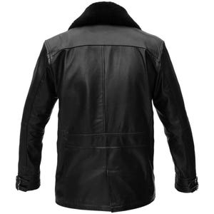 May include: Black leather jacket featuring a black faux fur collar. The jacket has a classic design with a button closure, two side pockets, and adjustable cuffs. The back of the jacket has a tailored fit with vertical seams.
