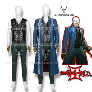 May include: A costume set featuring a black quilted vest, dark green trousers, and a long blue coat with white embroidered patterns. The set includes fingerless gloves and is displayed on two mannequins alongside a character illustration.