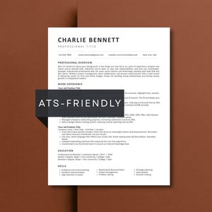 May include: A white resume with black text, featuring the name "Charlie Bennett" and contact information. The resume includes sections for professional overview, work experience, and skills. The text "ATS-FRIENDLY" is overlaid on the resume.