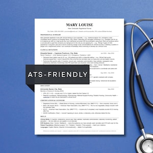New grad nurse resume template Diginewbie for Word and Google Docs. ATS-friendly single-column layout with blue accent headings, shown with a stethoscope on a blue background. Clean one-page RN resume design with built-in guidance for new grad nurses applying to hospital positions.