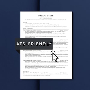 Könnte beinhalten: Ein weißer Lebenslauf für einen Software-Ingenieur mit dem Namen Robert Bytes oben. Der Lebenslauf enthält Abschnitte für Fähigkeiten, Berufserfahrung und Ausbildung. Der Text "ATS-FRIENDLY" ist auf dem Lebenslauf überlagert.