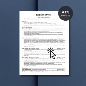 May include: A resume for Robert Bytes, a software engineer, with sections for skills, work experience, and education. The resume is white with black text and is set against a dark blue background. The text "ATS friendly" is in a circle.