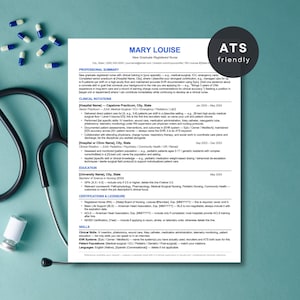 May include: A printed resume template for a registered nurse titled Mary Louise, featuring sections for professional summary, clinical rotations, education, and skills. A black stethoscope, several small white and blue pills, and two syringes are arranged around the document.