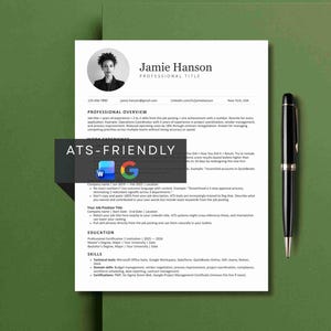 May include: A white resume template featuring a circular black and white headshot of Jamie Hanson, contact details, professional overview, work experience, education, and skills sections, accompanied by a black ballpoint pen on the side.