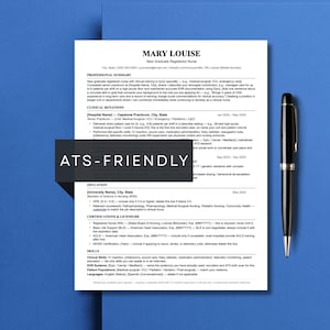 ATS-friendly new grad nurse resume template designed by DiginewbieCo in a clean single-column layout displayed on a blue background with a pen beside it, showing sections for professional overview, medical work experience, education, and skills, with an "ATS-friendly" label overlaid on the design.