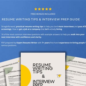 Free bonus included with new grad nurse resume template: Resume Writing Tips and Interview Prep Guide PDF covering 16 common nursing interview questions with example answers, prepared by an expert resume writer with 7 years of hiring experience.