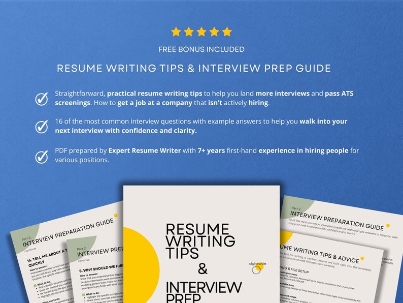 Free bonus included with new grad nurse resume template: Resume Writing Tips and Interview Prep Guide PDF covering 16 common nursing interview questions with example answers, prepared by an expert resume writer with 7 years of hiring experience.