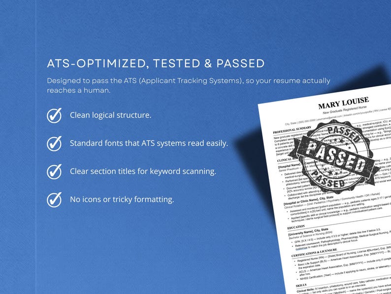 ATS-optimized new grad nurse resume template tested and passed applicant tracking systems. Clean logical structure, standard readable fonts, clear section titles, and no icons or complex formatting, so the resume reaches a human recruiter every time.