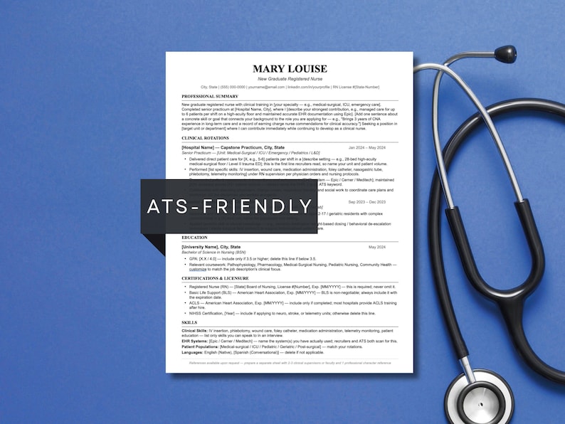 New grad nurse resume template Diginewbie for Word and Google Docs. ATS-friendly single-column layout with blue accent headings, shown with a stethoscope on a blue background. Clean one-page RN resume design with built-in guidance for new grad nurses applying to hospital positions.