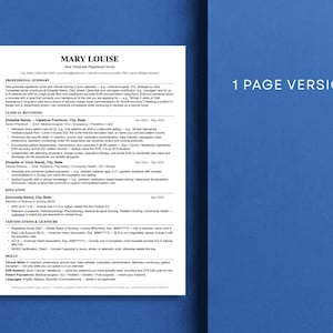 One-page new graduate registered nurse resume template in Word and Google Docs, displayed on a dark blue background. ATS-optimized single-page layout ideal for new grad RNs with clinical rotations, certifications, and nursing school experience.
