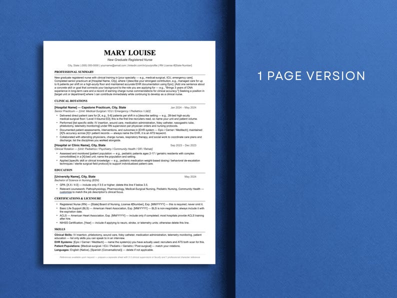 One-page new graduate registered nurse resume template in Word and Google Docs, displayed on a dark blue background. ATS-optimized single-page layout ideal for new grad RNs with clinical rotations, certifications, and nursing school experience.