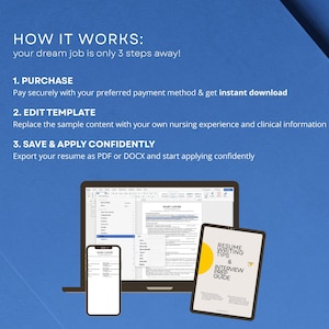 How to use the new graduate nurse resume template in three steps: purchase for instant download, replace sample content with your own nursing and clinical information, then export as PDF or DOCX and apply with confidence. Works in Microsoft Word and Google Docs.