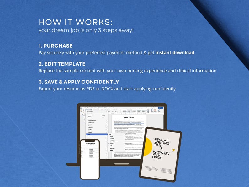 How to use the new graduate nurse resume template in three steps: purchase for instant download, replace sample content with your own nursing and clinical information, then export as PDF or DOCX and apply with confidence. Works in Microsoft Word and Google Docs.