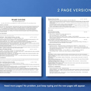 Two-page new graduate nurse resume template showing expanded layout with clinical rotations, work experience, education, certifications, skills, and professional memberships sections. ATS-friendly Word and Google Docs RN resume for experienced new grads with more background to showcase.