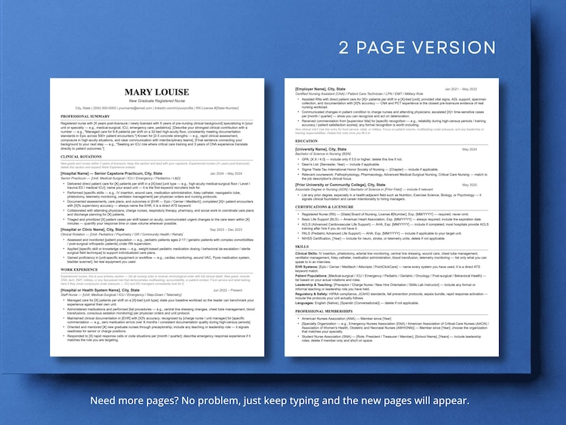 Two-page new graduate nurse resume template showing expanded layout with clinical rotations, work experience, education, certifications, skills, and professional memberships sections. ATS-friendly Word and Google Docs RN resume for experienced new grads with more background to showcase.