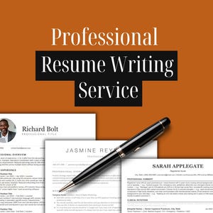 May include: A professional resume writing service advertisement featuring the text Professional Resume Writing Service in white and black boxes against an orange background, with three sample resumes and a black ballpoint pen placed on top.