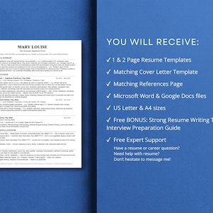 New graduate nurse resume bundle contents: one-page and two-page resume templates, matching cover letter, references page, Microsoft Word and Google Docs files, US Letter and A4 sizes, plus a free resume writing tips and interview preparation guide.
