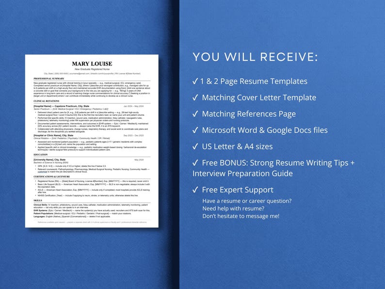 New graduate nurse resume bundle contents: one-page and two-page resume templates, matching cover letter, references page, Microsoft Word and Google Docs files, US Letter and A4 sizes, plus a free resume writing tips and interview preparation guide.