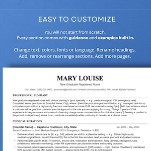 Fully editable new grad RN nurse resume template resume with guidance and examples built into every section, easy to personalize for any nursing specialty or hospital unit.