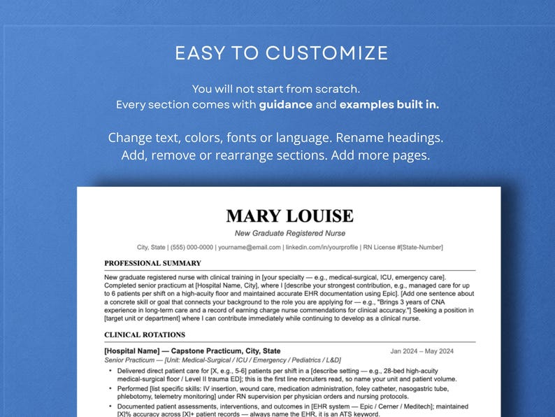 Fully editable new grad RN nurse resume template resume with guidance and examples built into every section, easy to personalize for any nursing specialty or hospital unit.