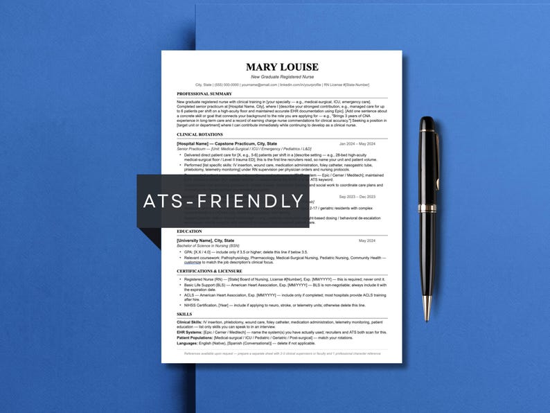 ATS-friendly new grad nurse resume template designed by DiginewbieCo in a clean single-column layout displayed on a blue background with a pen beside it, showing sections for professional overview, medical work experience, education, and skills, with an "ATS-friendly" label overlaid on the design.