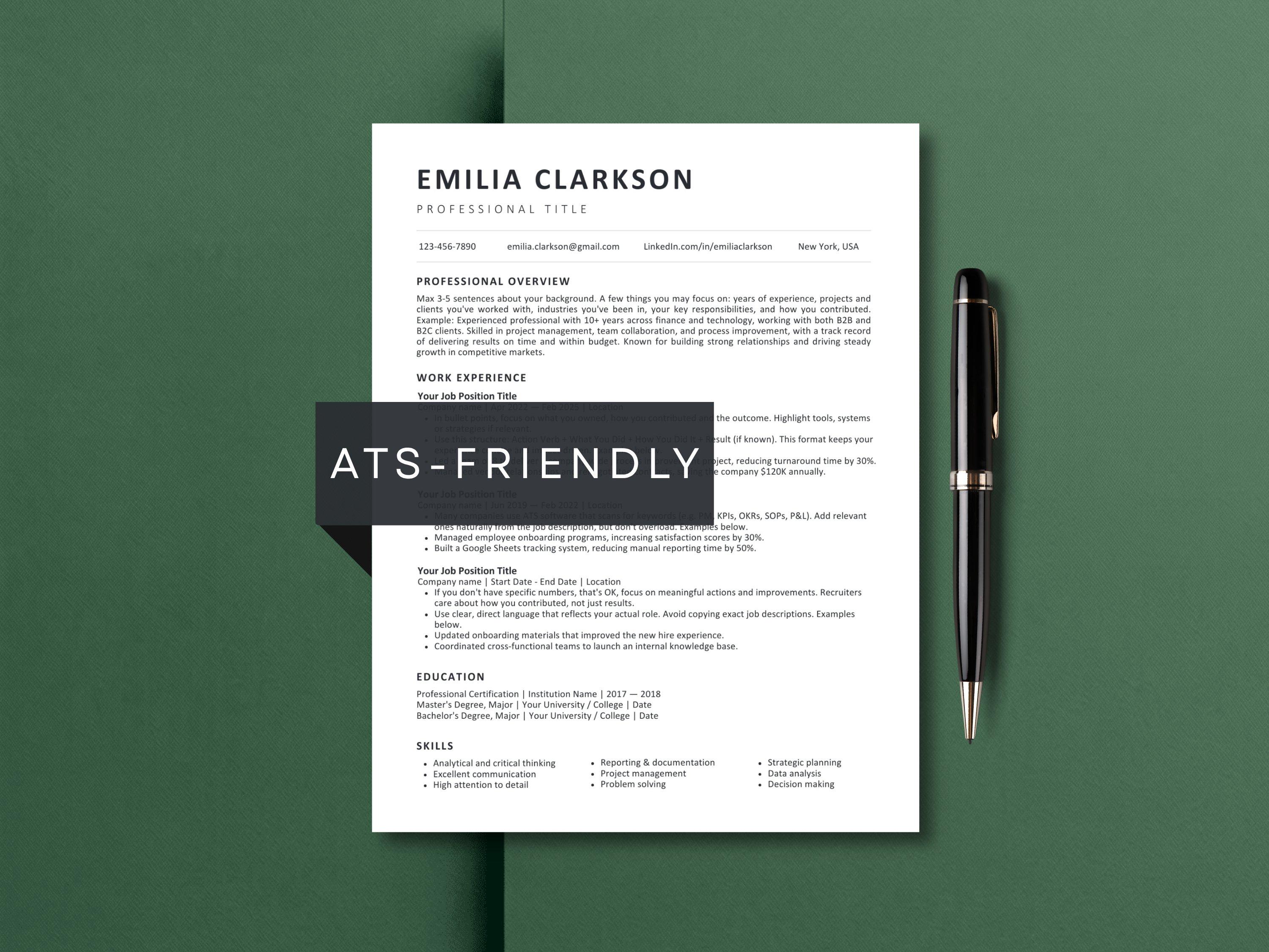 ATS Friendly Resume Template Google Docs | Editable CV Template Word ...