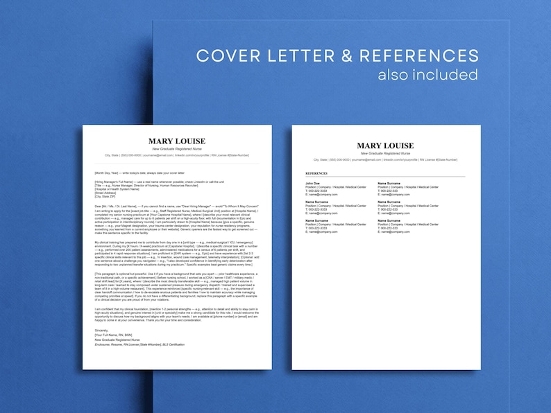 New grad nurse resume bundle including a matching cover letter template and references page in Microsoft Word and Google Docs. Professional nursing application documents formatted consistently with blue accent headings for a polished, complete application package.