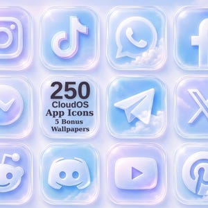 Pode incluir: Uma coleção de 250 ícones de aplicativos CloudOS com um efeito de vidro fosco translúcido sobre um céu azul claro com nuvens brancas. O conjunto inclui logotipos de redes sociais como Instagram, TikTok, WhatsApp, Facebook, Messenger, Telegram, X, Reddit, Discord, YouTube e Pinterest.