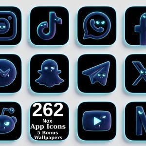 May include: A collection of 262 app icons and 5 bonus wallpapers featuring dark, rounded square designs with glowing blue outlines. Each icon displays a stylised character with bright eyes and fangs, including social media and utility logos.
