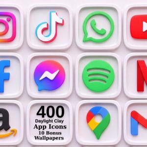 3D-appikoner för iPhone, iOS-tema med vitt lera, 400 färgglada ikoner, 10 bakgrundsbilder