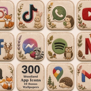 Könnte beinhalten: Ein Set aus zwölf quadratischen App-Symbolen mit Waldtieren und Naturelementen. Die Symbole umfassen Instagram, TikTok, WhatsApp, YouTube, Facebook, Messenger, Spotify, Netflix, Amazon, Google Maps, Gmail und den Text 300 Woodland App Icons.
