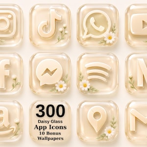 Daisy Glass Icons , iPhone Home Screen Theme, 300 iOS & Android  Icons (Digital Download)