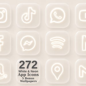 Könnte beinhalten: Eine Sammlung von 272 weißen und neonfarbenen App-Symbolen mit Social-Media- und Utility-Symbolen auf mattierten quadratischen Kacheln. Das Set enthält 5 Bonus-Hintergrundbilder. Der Text 272 White & Neon App Icons 5 Bonus Wallpapers ist sichtbar.