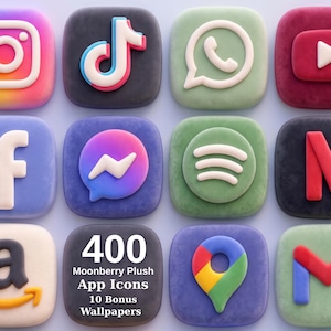 May include: A collection of twelve square app icons with a soft, plush texture. The icons feature logos for Instagram, TikTok, WhatsApp, YouTube, Facebook, Messenger, Spotify, Netflix, Amazon, Google Maps, and Gmail, plus text reading 400 Moonberry Plush App Icons 10 Bonus Wallpapers.