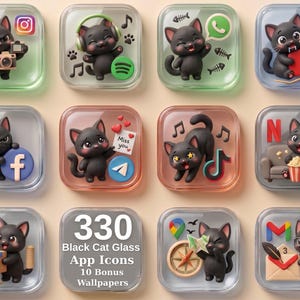 Könnte beinhalten: Eine Sammlung von 330 Glas-App-Icons mit schwarzen Katzen und 10 Bonus-Hintergrundbildern. Jedes quadratische Icon zeigt eine 3D-schwarze Katze, die mit verschiedenen Social-Media- und Utility-Logos interagiert, darunter Instagram, Spotify, WhatsApp, YouTube, Facebook, Telegram, TikTok, Netflix, Amazon, Google Maps und Gmail.