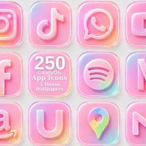 Peut inclure: Une collection de douze icônes d'applications carrées avec une finition brillante, irisée, rose et pastel. Les icônes présentent des symboles blancs en relief pour diverses plateformes, avec le texte 250 CandyOS App Icons 5 Bonus Wallpapers.