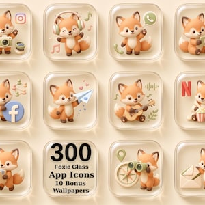 May include: A collection of 300 glass-style app icons featuring a cartoon fox character in various activities, including holding a camera, headphones, phone, video play button, Facebook logo, paper plane, guitar, popcorn, box, compass, and envelope.