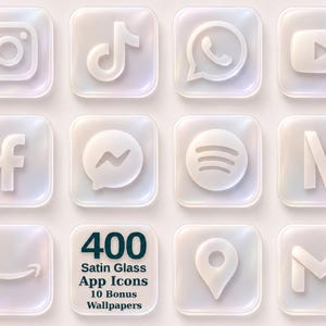 May include: A collection of square app icons with a frosted satin glass effect. The icons feature white embossed social media and utility logos. One square contains the text 400 Satin Glass App Icons 10 Bonus Wallpapers in dark font.