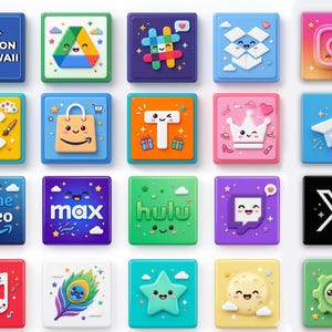 Puede incluir: Una colección de más de 100 iconos de aplicaciones 3D kawaii dispuestos en una cuadrícula. Cada baldosa cuadrada presenta un diseño colorido en relieve con una cara sonriente, incluyendo logos populares de redes sociales y streaming.