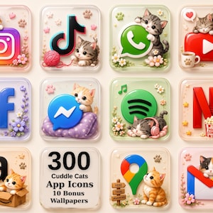 Cuddle Cats Glass   App Icons, iPhone Home Screen Theme, 300 iOS & Android  Icons (Digital Download)