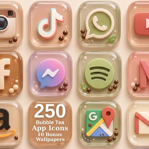 May include: A collection of twelve square app icons featuring a glossy, translucent bubble tea theme. Each icon displays a popular social media or utility logo encased in a clear, jelly-like square with small brown tapioca pearls inside.
