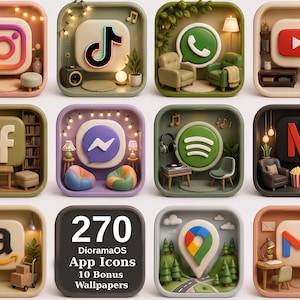 May include: A collection of twelve square app icons featuring 3D diorama scenes for Instagram, TikTok, WhatsApp, YouTube, Facebook, Messenger, Spotify, Netflix, Amazon, Google Maps, and Gmail, plus a central icon with the text 270 DioramaOS App Icons.