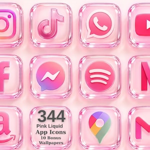 May include: A collection of twelve square app icons with a glossy pink liquid aesthetic. The icons feature logos for Instagram, TikTok, WhatsApp, YouTube, Facebook, Messenger, Spotify, Netflix, Amazon, Google Maps, and Gmail, plus a text icon reading 344 Pink Liquid App Icons 10 Bonus Wallpapers.